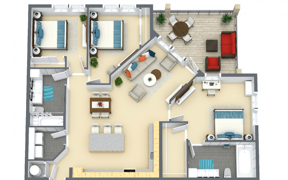 Turtle - 3 bedroom floorplan layout with 2 baths and 1419 square feet.